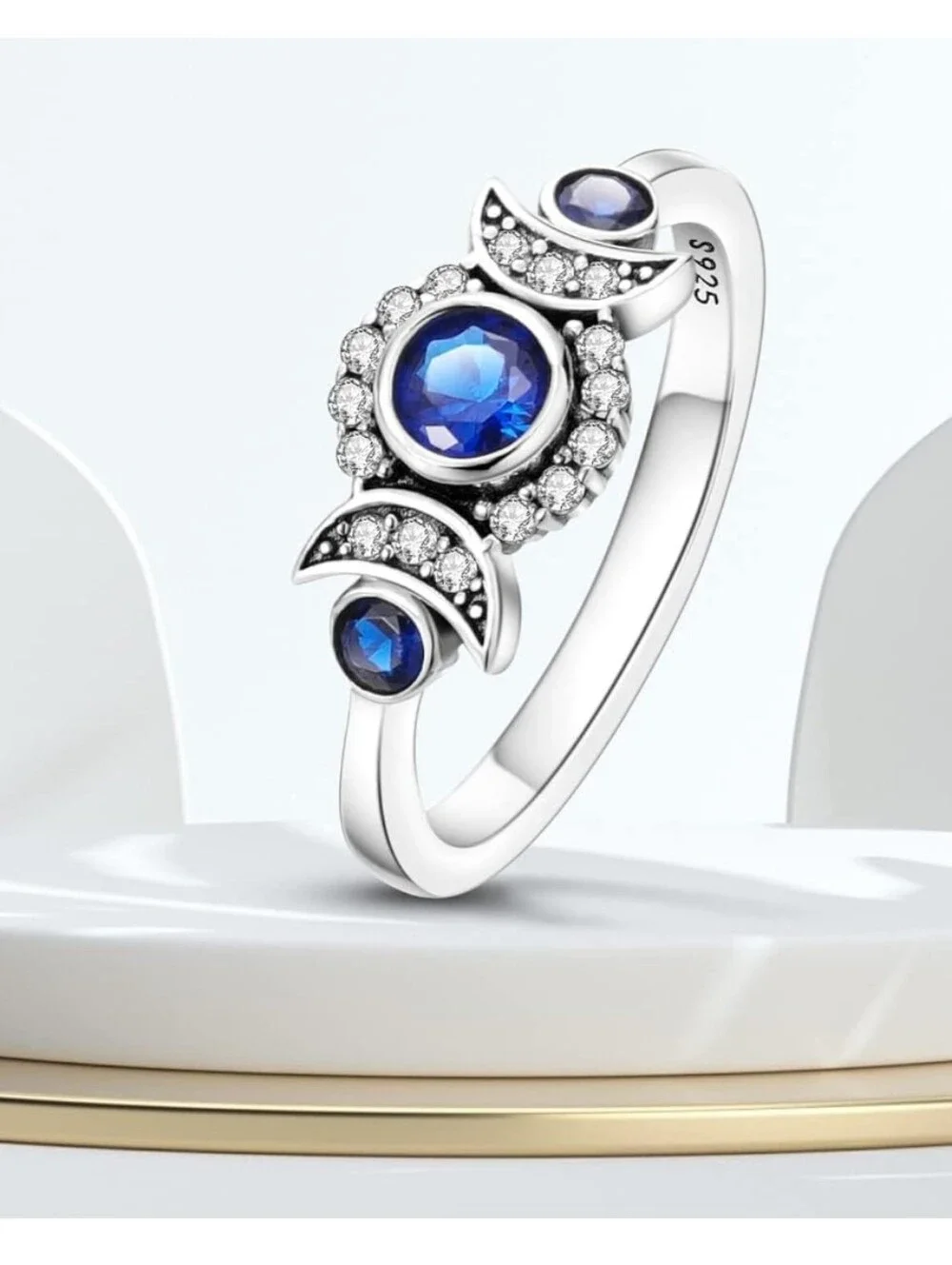 NWT 925 Sterling Silver Triple Moon Phase Blue Sapphire CZ Ring - Size 8Category